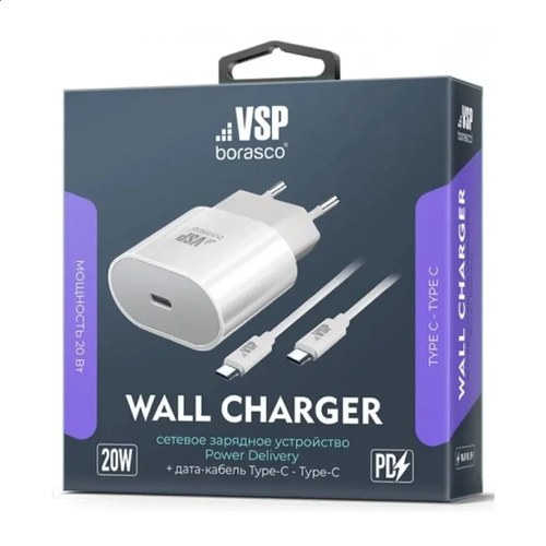 СЗУ BoraSCO USB Type-C, + кабель Type-C-Type-C, 3А, PD, 1м, 20W White фото 